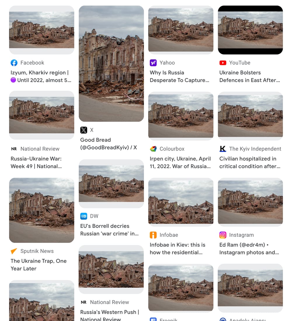 Varias publicaciones en diferentes plataformas digitales muestran la misma imagen de un edificio en ruinas, utilizada para ilustrar los efectos de la guerra en Ucrania. La fotografía presenta una estructura colapsada rodeada de escombros, bajo un cielo nublado, pero está etiquetada como generada por inteligencia artificial, lo que resalta la controversia sobre el uso de imágenes de IA en contextos noticiosos.